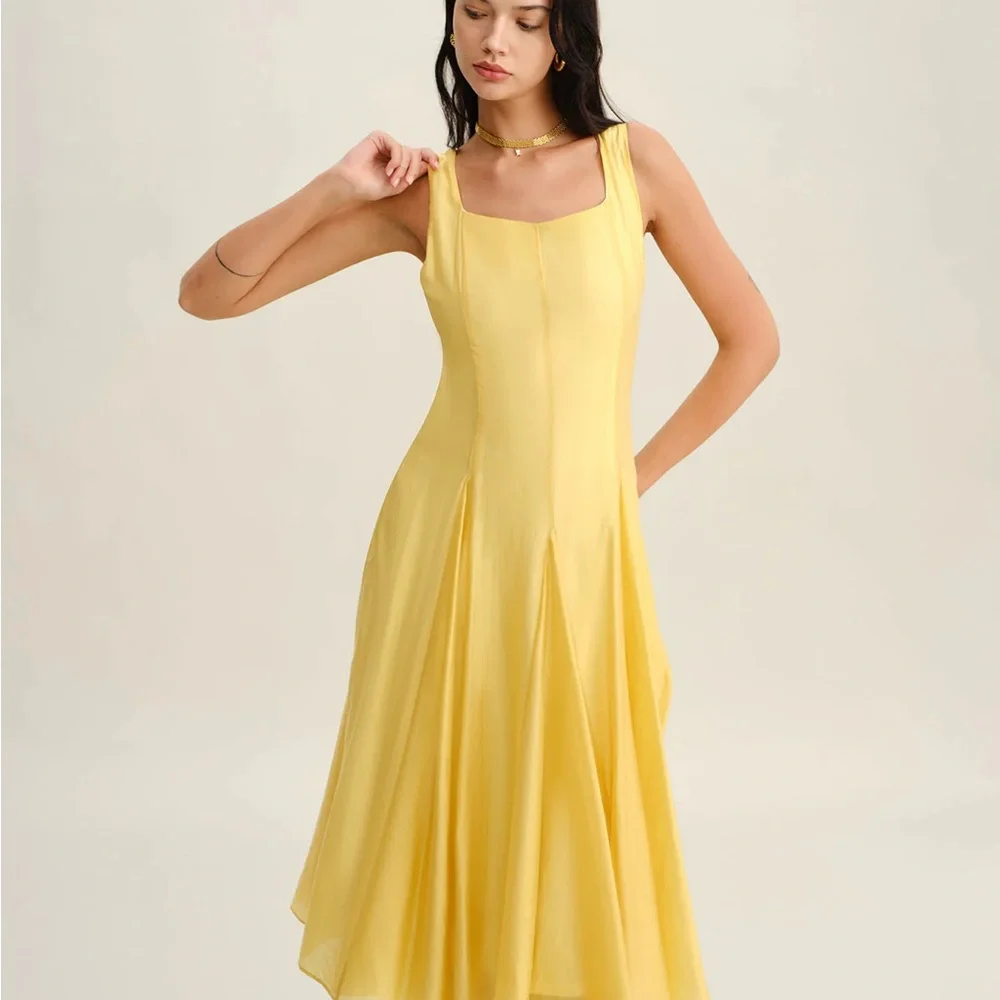Yellow Square Neck Pleated Slip Midi Dress - Picture 5 of 7